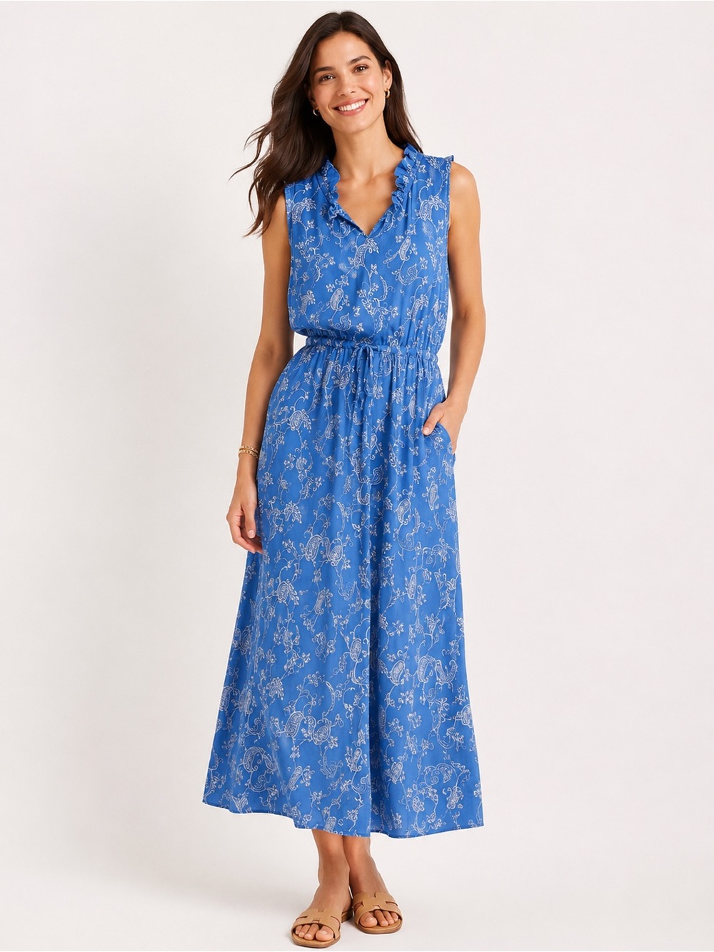 Talbots NWT Blue Paisley Maxi Dress Ruffle Neck Sleeveless Coastal Summer